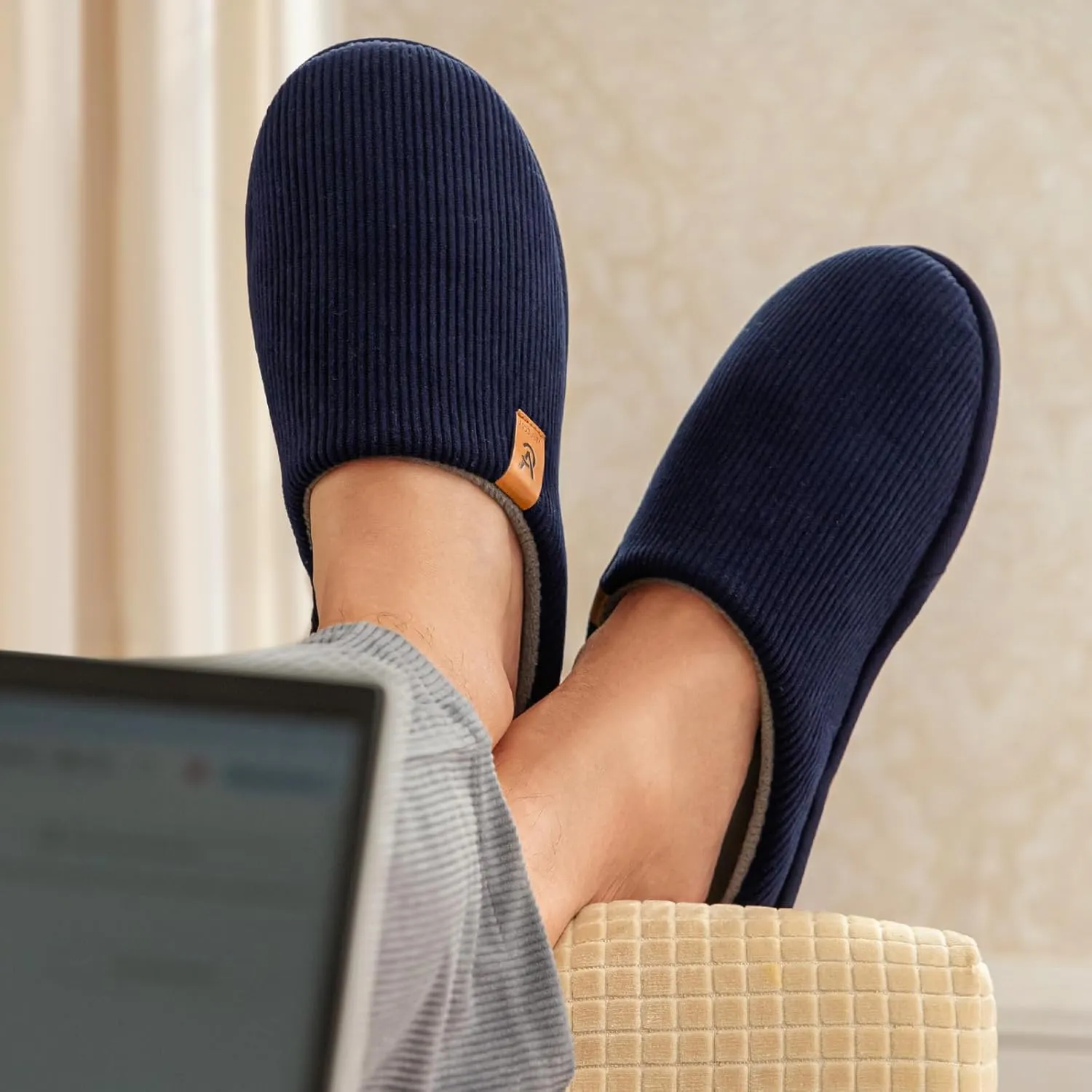 VeraCosy Men's Cozy Slip-on Slippers Corduroy Memory Foam Indoor House Shoes