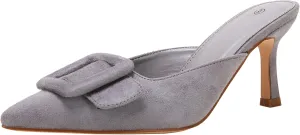 VETASTE Women's Heeled Mules Pointed Toe Suede Buckle Slip On Sandals Kitten Heels Party Wedding Shoes