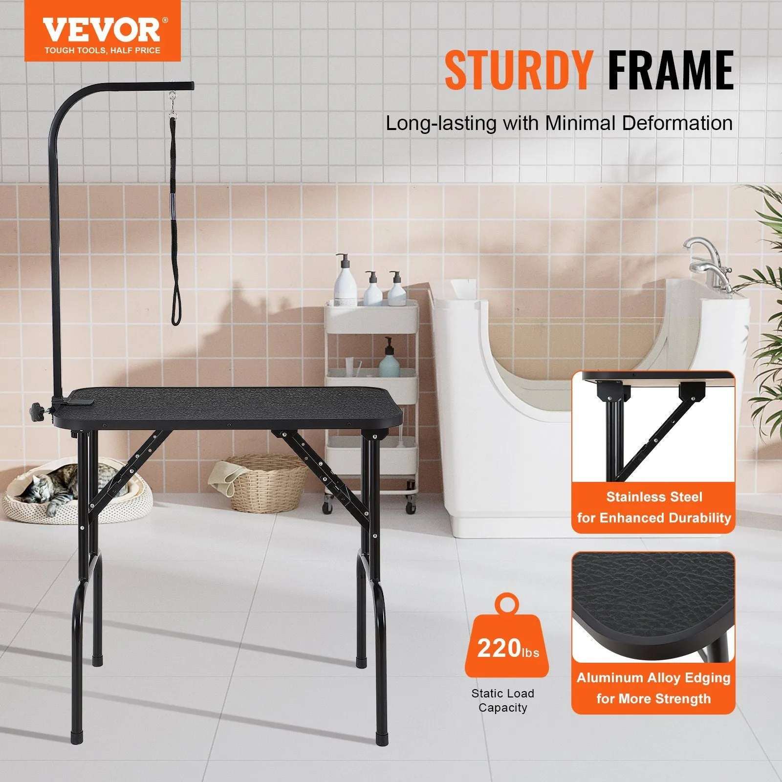 VEVOR Pet Grooming Table Arm with Clamp, 32''x18'' Dog Grooming Station, Foldable Pets Grooming Stand for Medium and Small Dogs, Free No Sit Haunch Holder with Grooming Loop, Bearing 220lbs