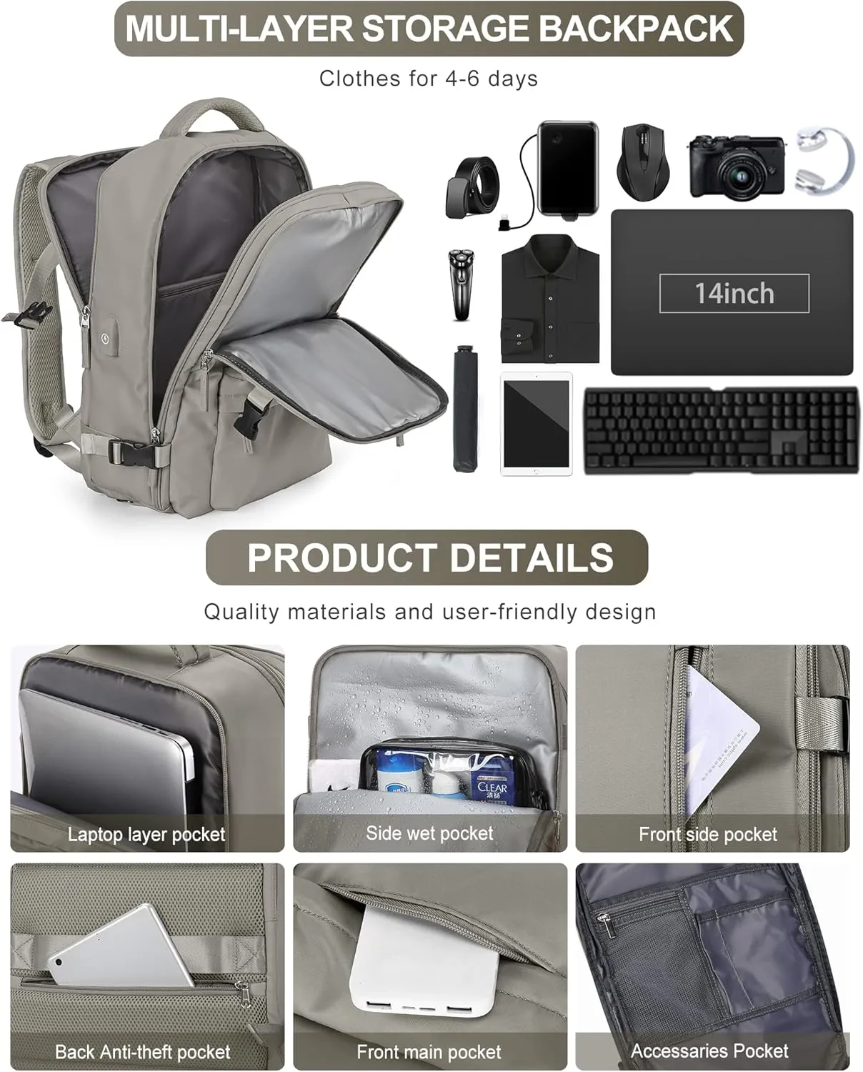 VGCUB Large Travel Backpack Bag for Women Men,Carry on Backpack,17 Inch Laptop Business Work Waterproof Backpack with Laptop Compartment,Person Item Flight Approved,Mochila de Viaje,Brown