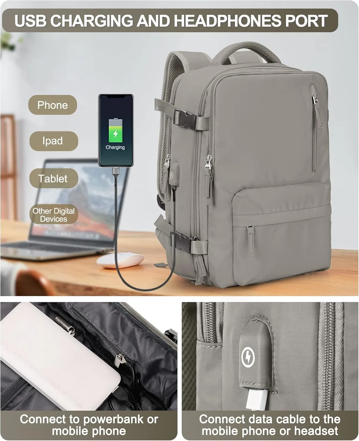 VGCUB Large Travel Backpack Bag for Women Men,Carry on Backpack,17 Inch Laptop Business Work Waterproof Backpack with Laptop Compartment,Person Item Flight Approved,Mochila de Viaje,Brown