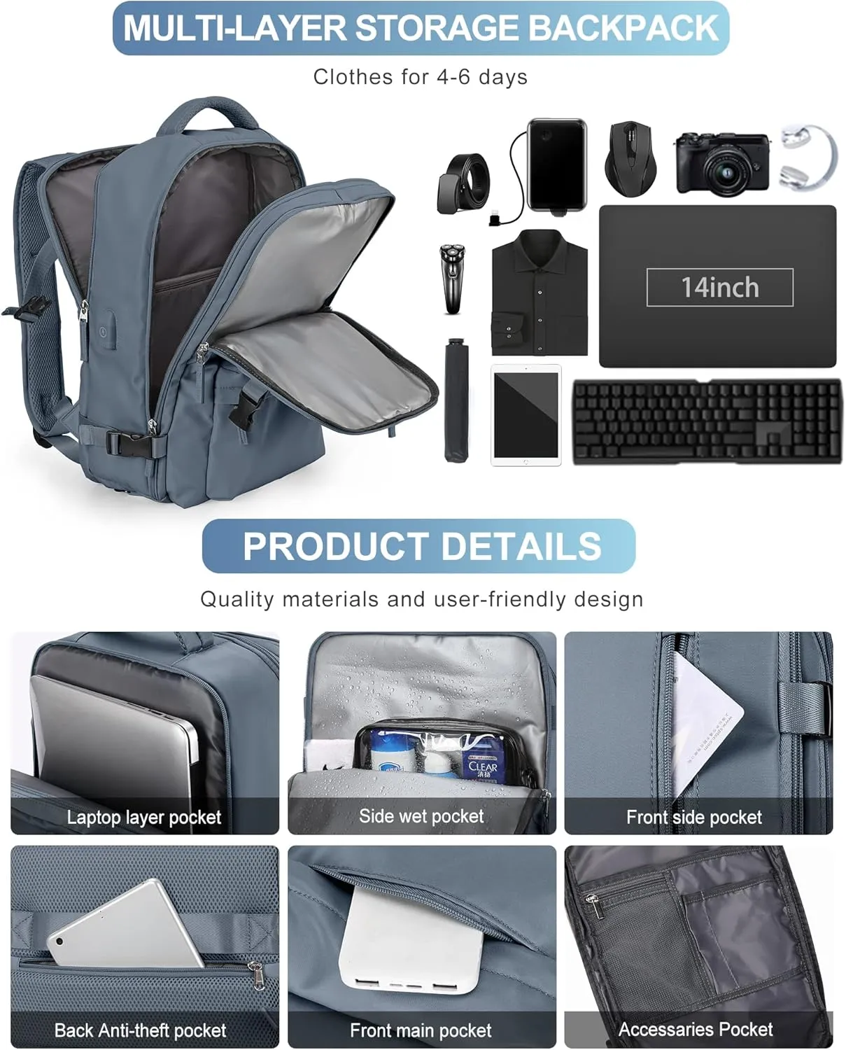 VGCUB Large Travel Backpack Bag for Women Men,Carry on Backpack,17 Inch Laptop Business Work Waterproof Backpack with Laptop Compartment,Person Item Flight Approved,Mochila de Viaje,Jewel Blue Large