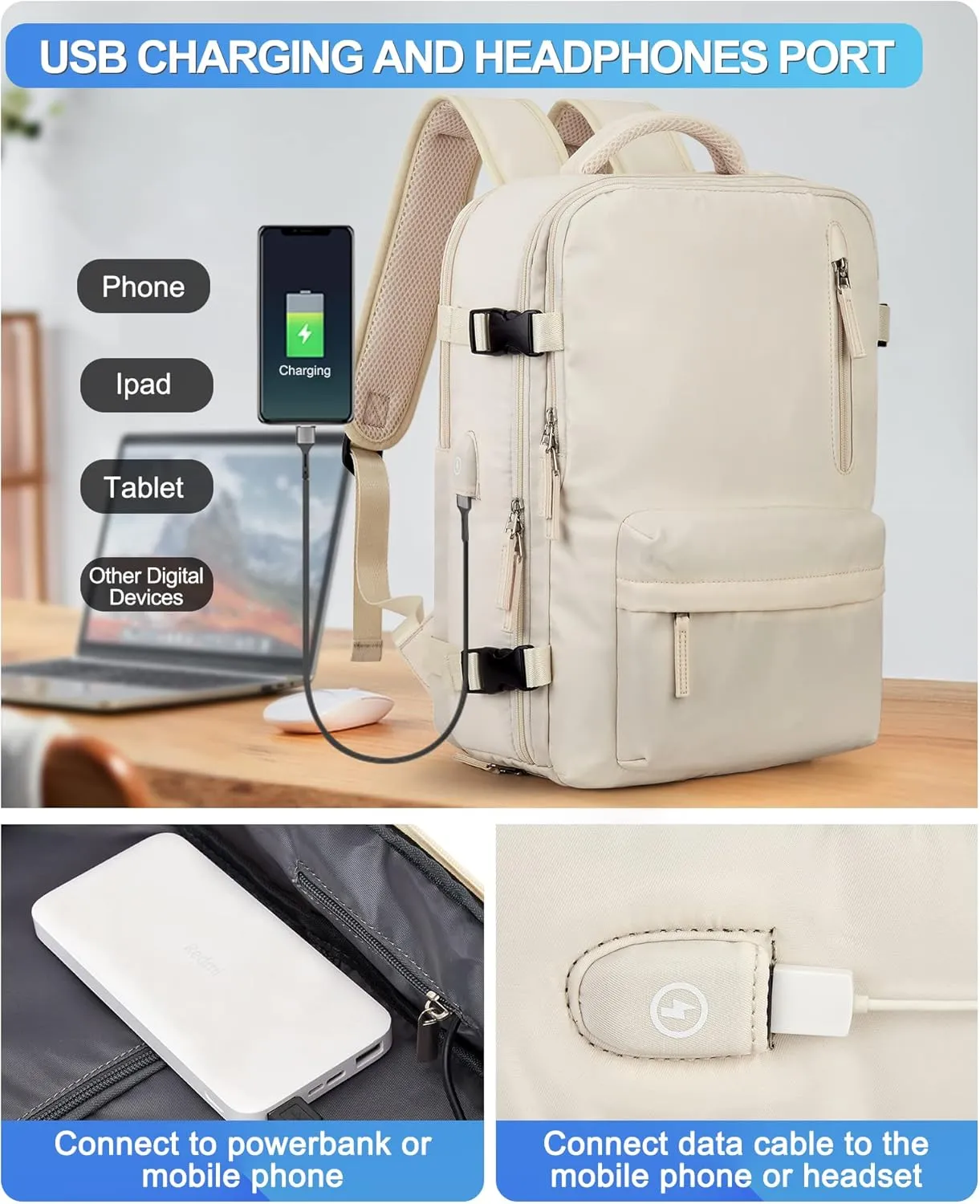 VGCUB Large Travel Backpack Bag for Women Men,Carry on Backpack,17 Inch Laptop Business Work Waterproof Backpack with Laptop Compartment,Person Item Flight Approved,Mochila de Viaje,White Large