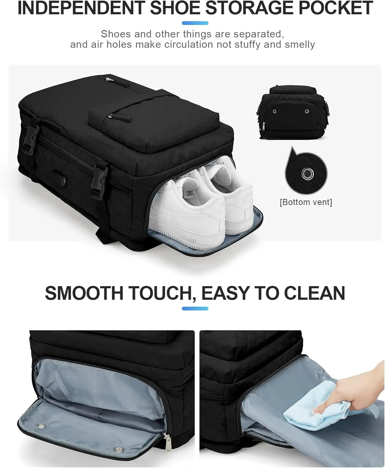 VGCUB Large Travel Backpack for Women Men, Carry on Backpack Airline Approved Gym Backpack Waterproof Business Laptop Daypack, Black