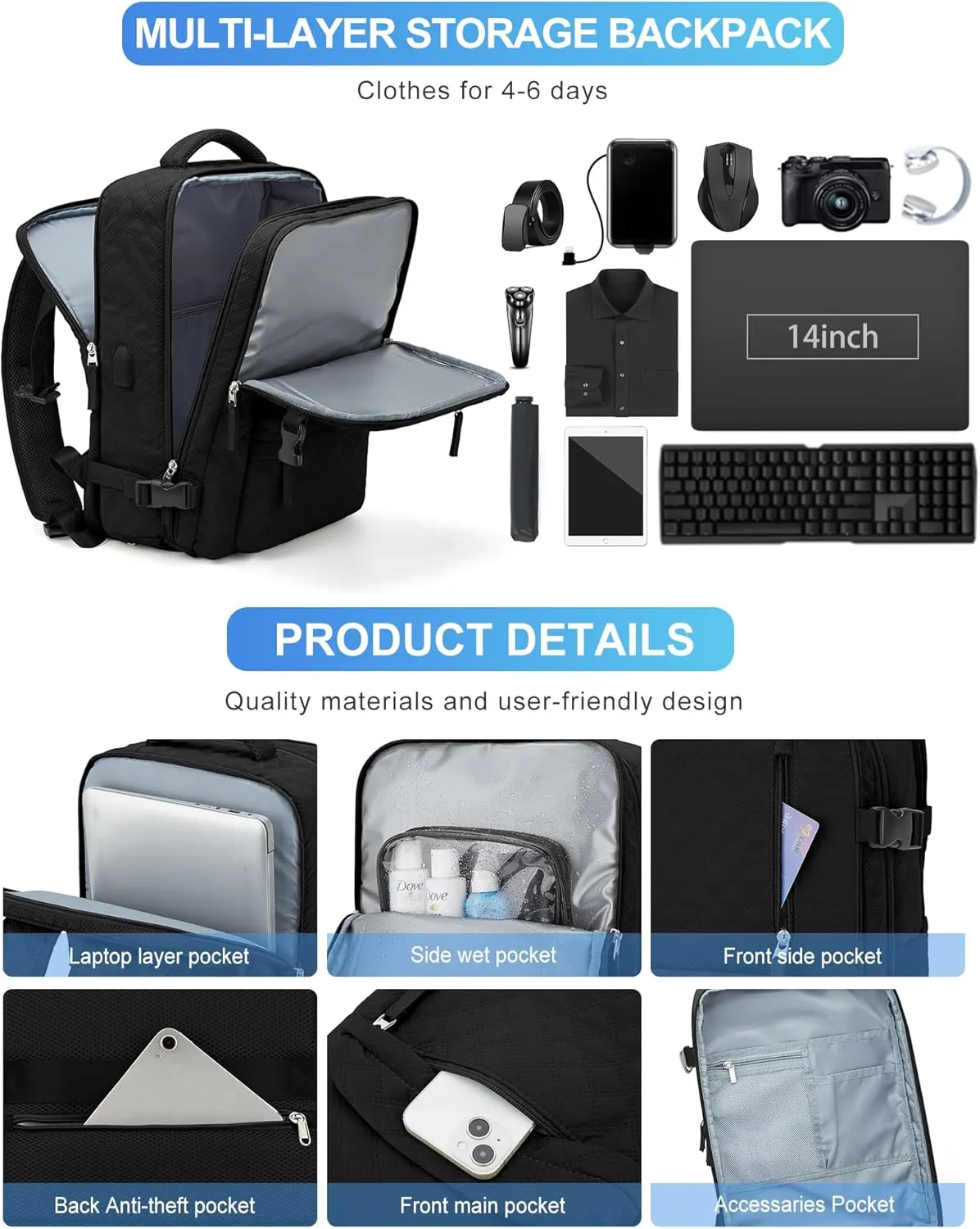 VGCUB Large Travel Backpack for Women Men, Carry on Backpack Airline Approved Gym Backpack Waterproof Business Laptop Daypack, Black