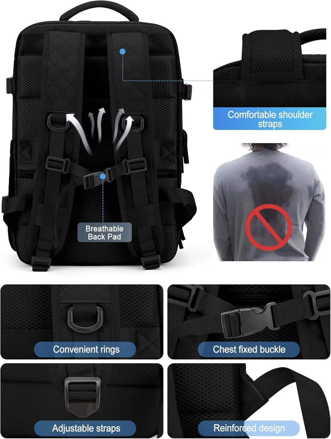 VGCUB Large Travel Backpack for Women Men, Carry on Backpack Airline Approved Gym Backpack Waterproof Business Laptop Daypack, Black
