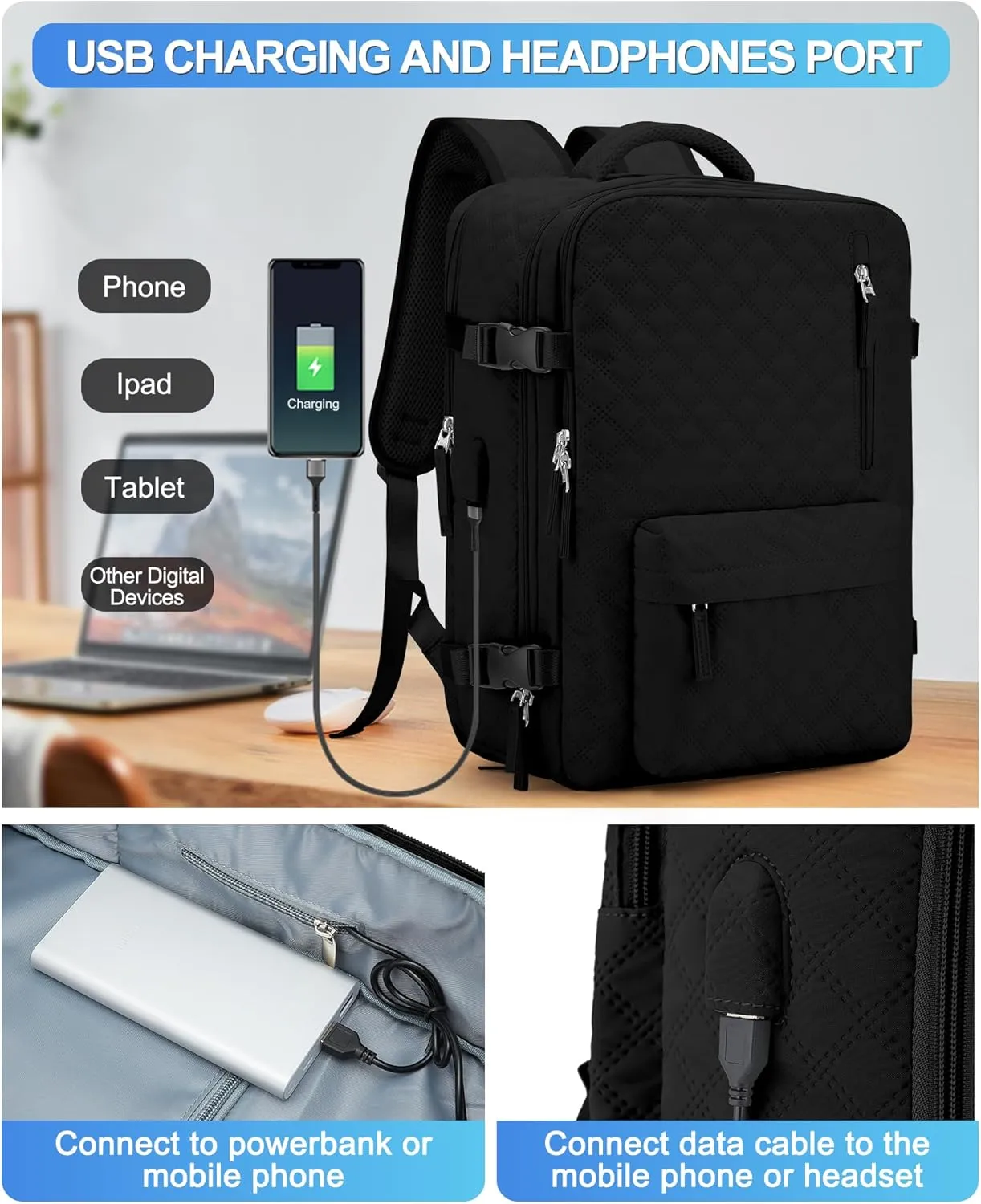 VGCUB Large Travel Backpack for Women Men, Carry on Backpack Airline Approved Gym Backpack Waterproof Business Laptop Daypack, Black