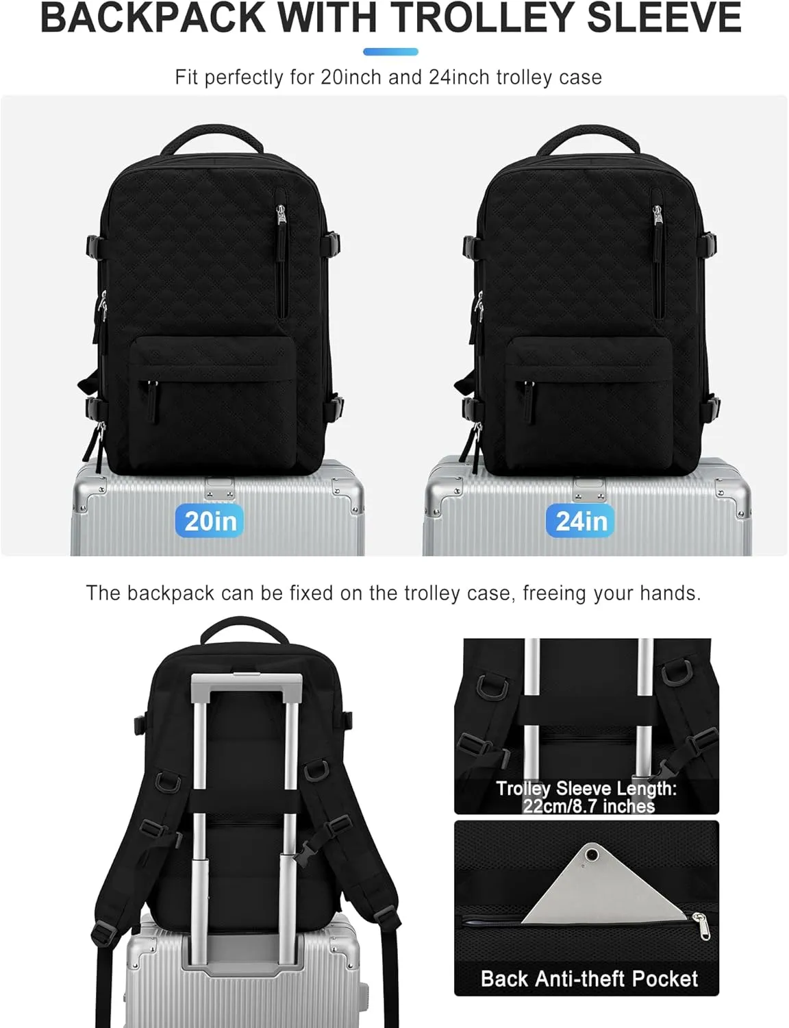 VGCUB Large Travel Backpack for Women Men, Carry on Backpack Airline Approved Gym Backpack Waterproof Business Laptop Daypack, Black