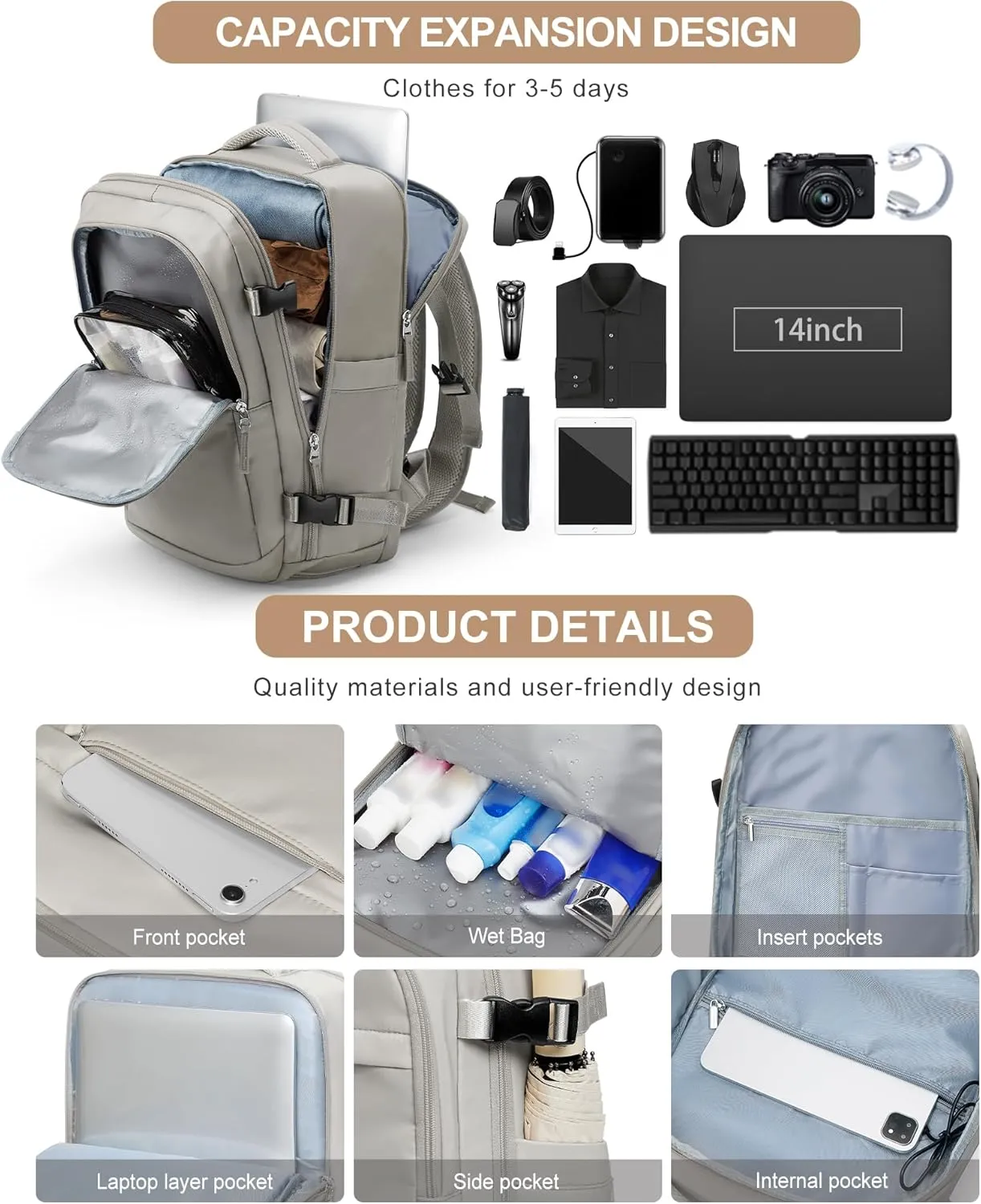 VGCUB Travel Backpack for Women Men Large Work Gym Frontier Airlines Personal Item Bag Business Airport lightweight Daypack Carry on Flight Approved Airplane Backpack Mochilas de Viaje Grayish Brown
