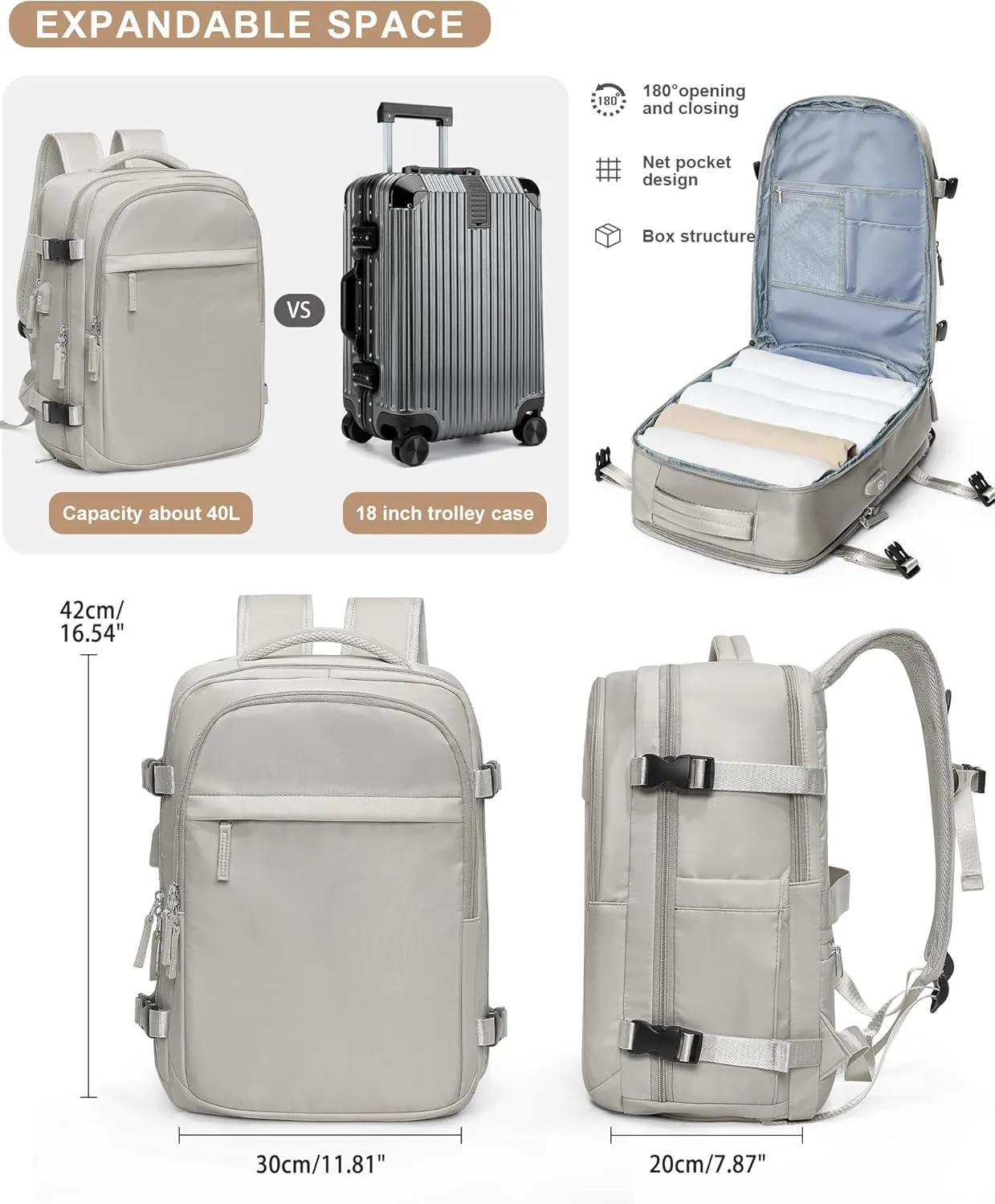 VGCUB Travel Backpack for Women Men Large Work Gym Frontier Airlines Personal Item Bag Business Airport lightweight Daypack Carry on Flight Approved Airplane Backpack Mochilas de Viaje Grayish Brown
