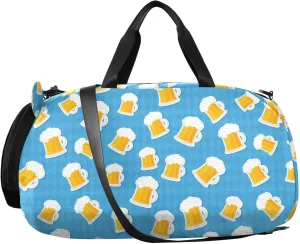 VIGTRO Beer on Blue Background Kids Overnight Travel Duffel Bag Sport Gym Bag for Boys Girls with Shoe Compartment, Carry On Weekender Luggage Bag for Dance Swim Yoga