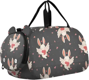 VIGTRO Cute Rabbit with Wings Kids Overnight Travel Duffel Bag Sport Gym Bag for Boys Girls with Shoe Compartment, Valentine's Day Carry On Weekender Luggage Bag for Dance Swim Yoga