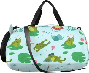 VIGTRO Frogs Cute Kids Overnight Travel Duffel Bag Sport Gym Bag for Boys Girls with Shoe Compartment, Carry On Weekender Luggage Bag for Dance Swim Yoga