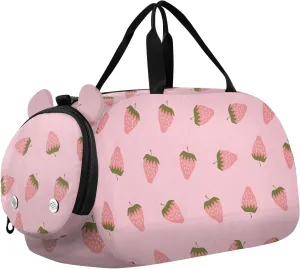 VIGTRO Strawberry Pink Background Kids Overnight Travel Duffel Bag Sport Gym Bag for Boys Girls with Shoe Compartment, Carry On Weekender Luggage Bag for Dance Swim Yoga
