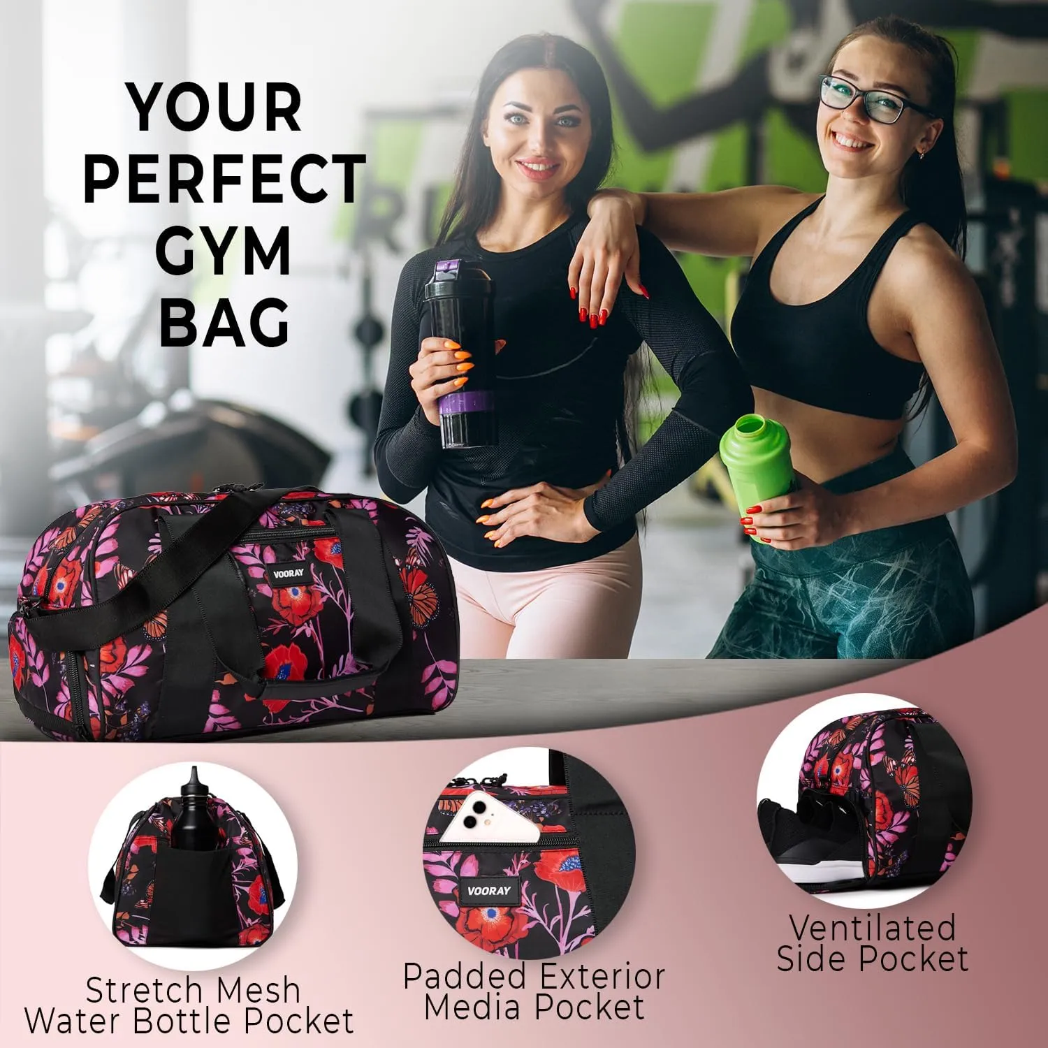 Vooray Burner Gym Duffel Bag, Gym Bag for Women and Men with Shoe Compartment, Weekender, Overnight & Travel Duffel for Sports and Workout