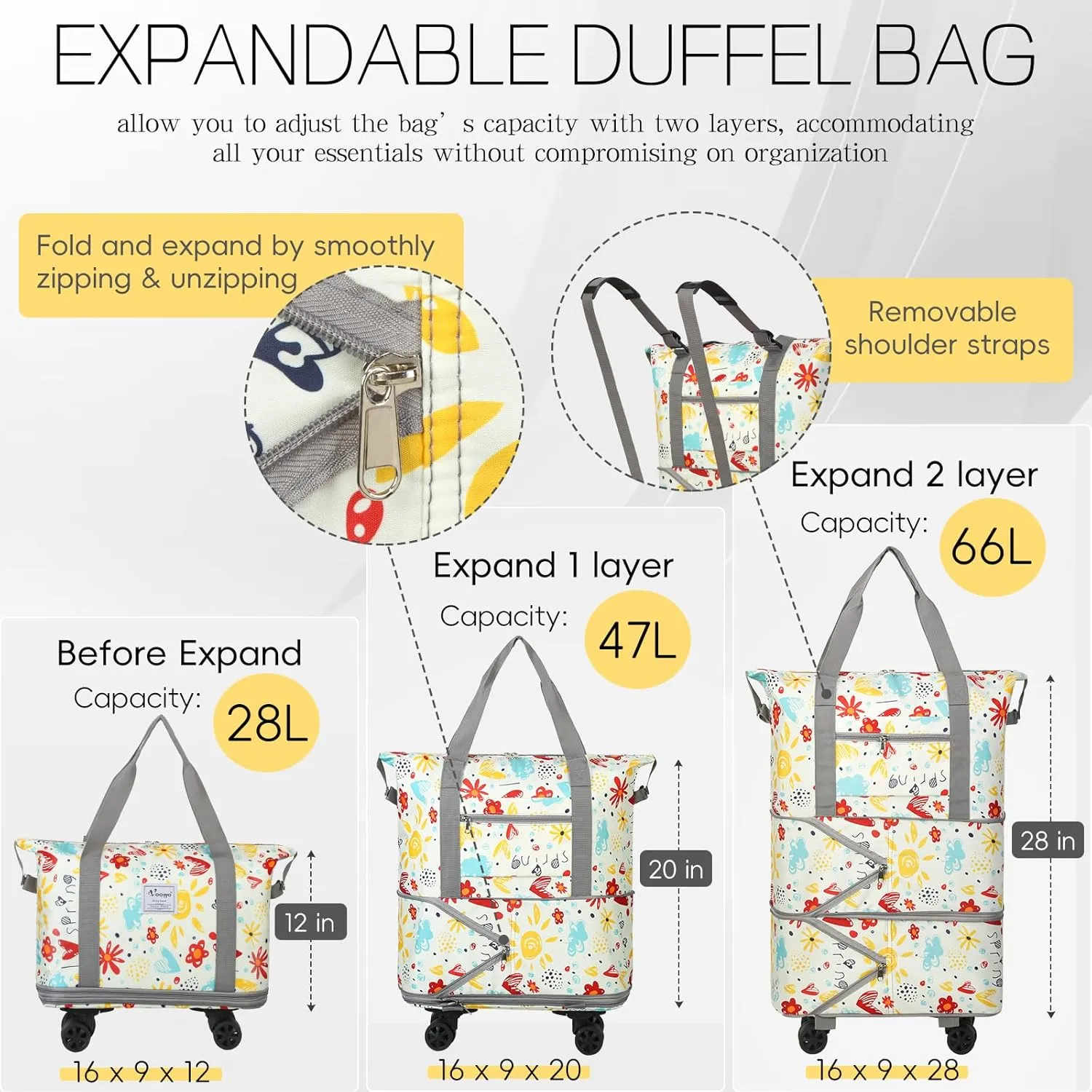 VOOWO Rolling Duffel Bag with Wheels - Foldable Expandable Duffle Bag with Wheels for Travel, Rolling Luggage Bag Carry On Bag with Wheel, Large Rolling Backpack Weekend Bag for Men Women (Flower)