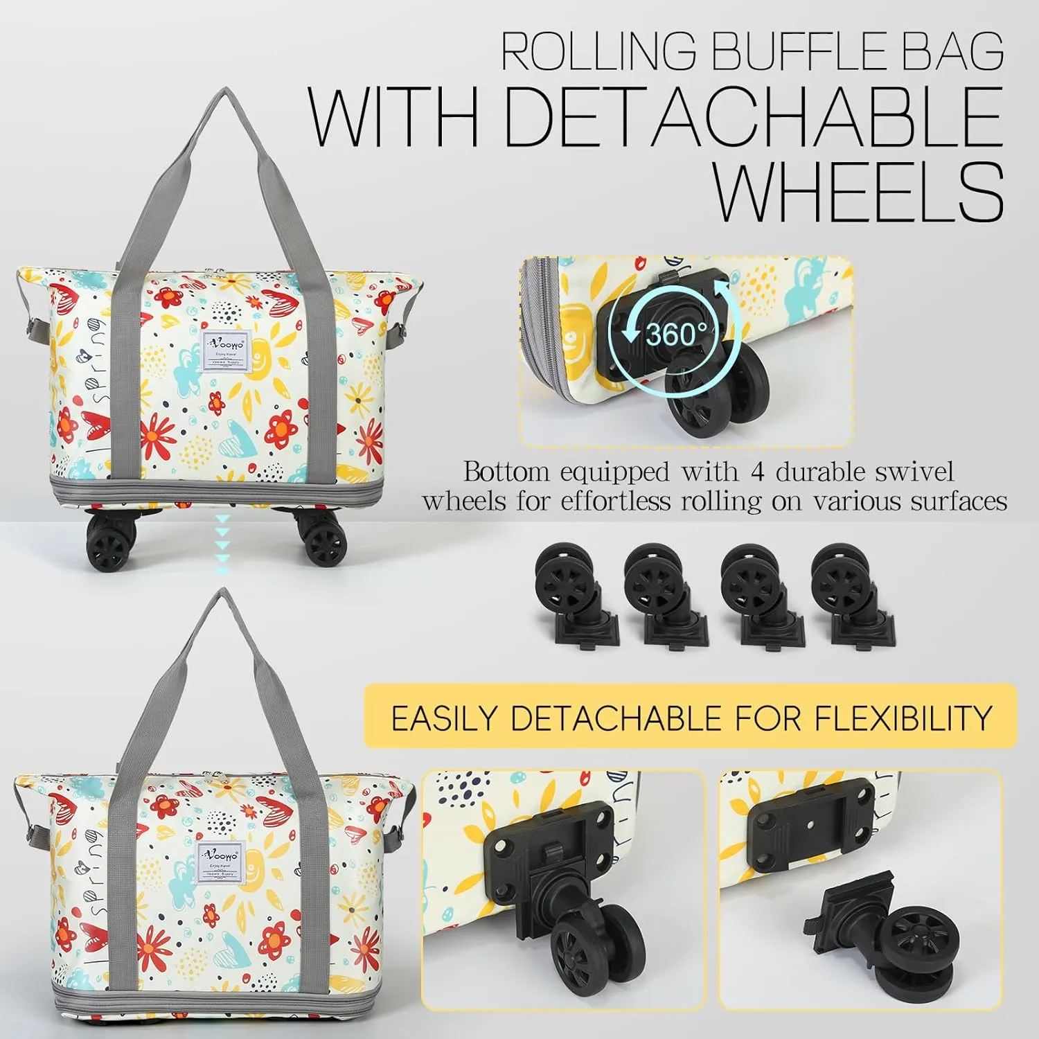 VOOWO Rolling Duffel Bag with Wheels - Foldable Expandable Duffle Bag with Wheels for Travel, Rolling Luggage Bag Carry On Bag with Wheel, Large Rolling Backpack Weekend Bag for Men Women (Flower)