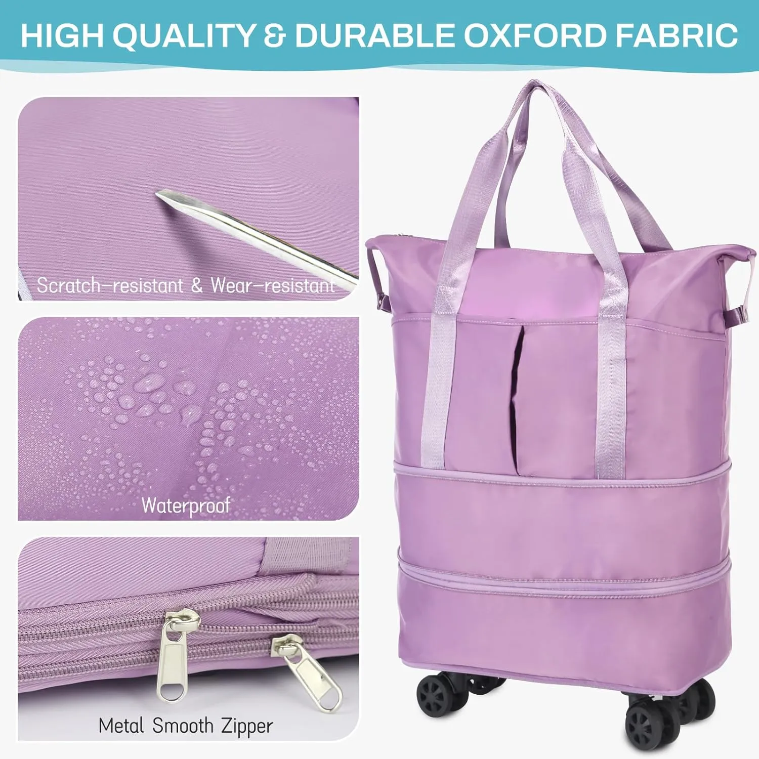 VOOWO Rolling Duffle Bag with Wheels, Expandable Foldable Duffel Bag with Wheels for Travel, Rolling Luggage Carry on Duffel Bag, Wheeled Travel Duffle Bag, Large Weekend Bag for Women & Men