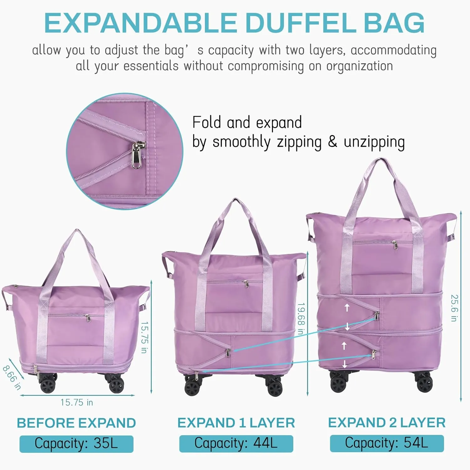 VOOWO Rolling Duffle Bag with Wheels, Expandable Foldable Duffel Bag with Wheels for Travel, Rolling Luggage Carry on Duffel Bag, Wheeled Travel Duffle Bag, Large Weekend Bag for Women & Men