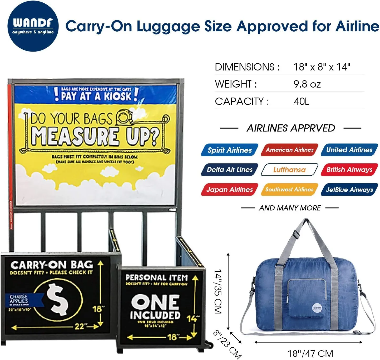 WANDF For Spirit Airlines Personal Item Bag 18x14x8 Foldable Travel Duffel Carry on Weekender Overnight for Women Men