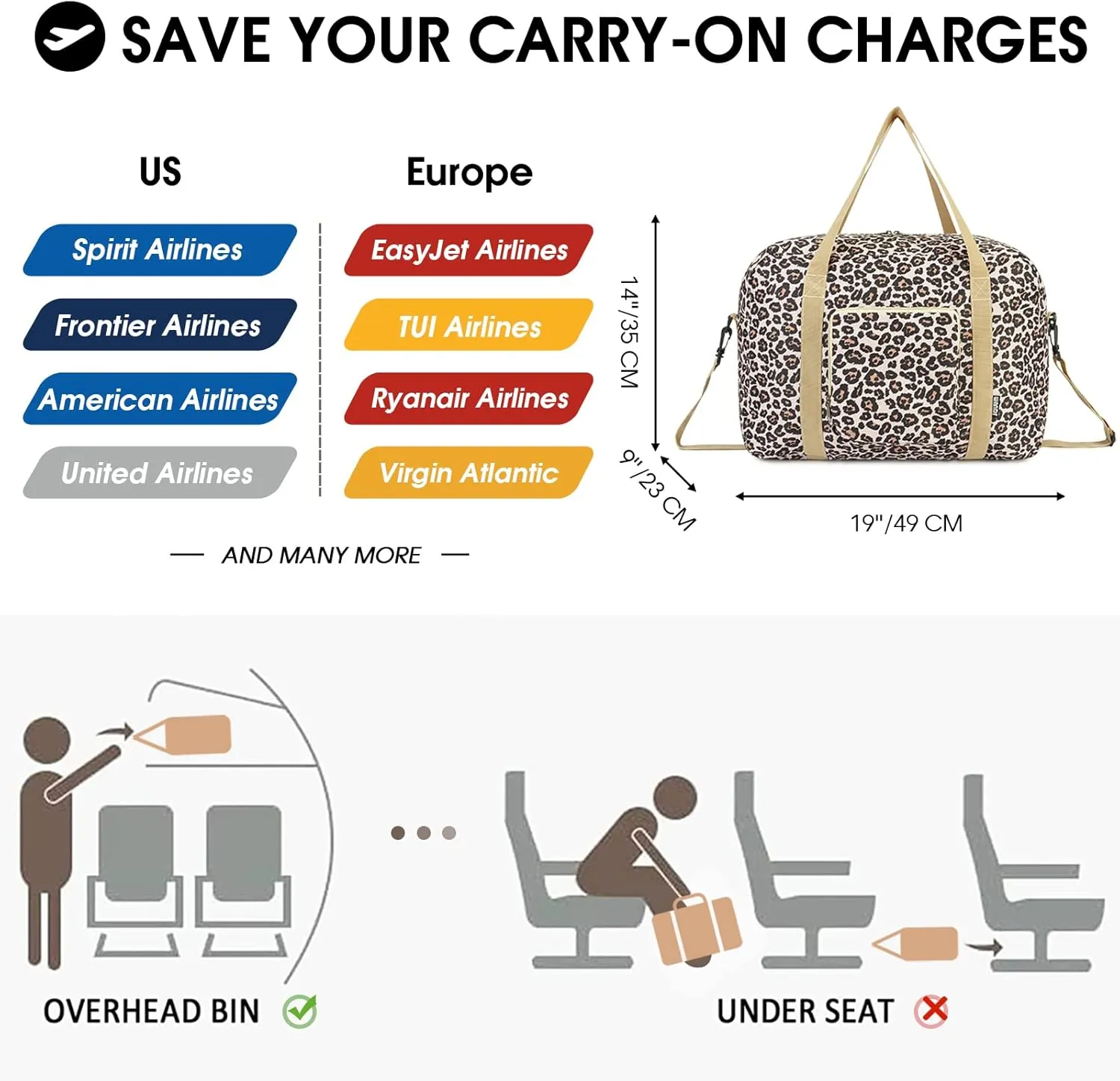 WANDF For Spirit Airlines Personal Item Bag 18x14x8 Foldable Travel Duffel Carry on Weekender Overnight for Women Men