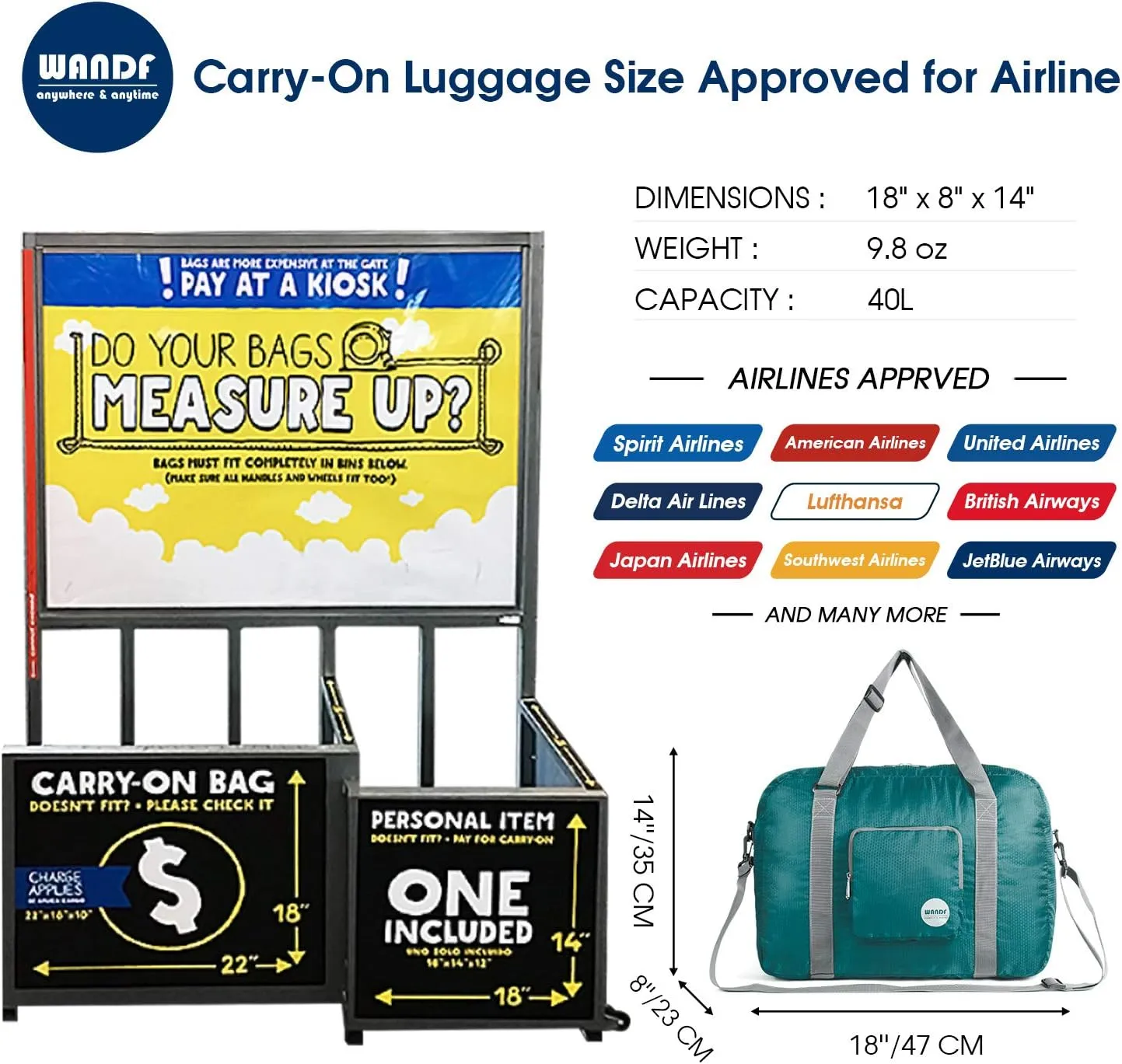 WANDF For Spirit Airlines Personal Item Bag 18x14x8 Foldable Travel Duffel Carry on Weekender Overnight for Women Men