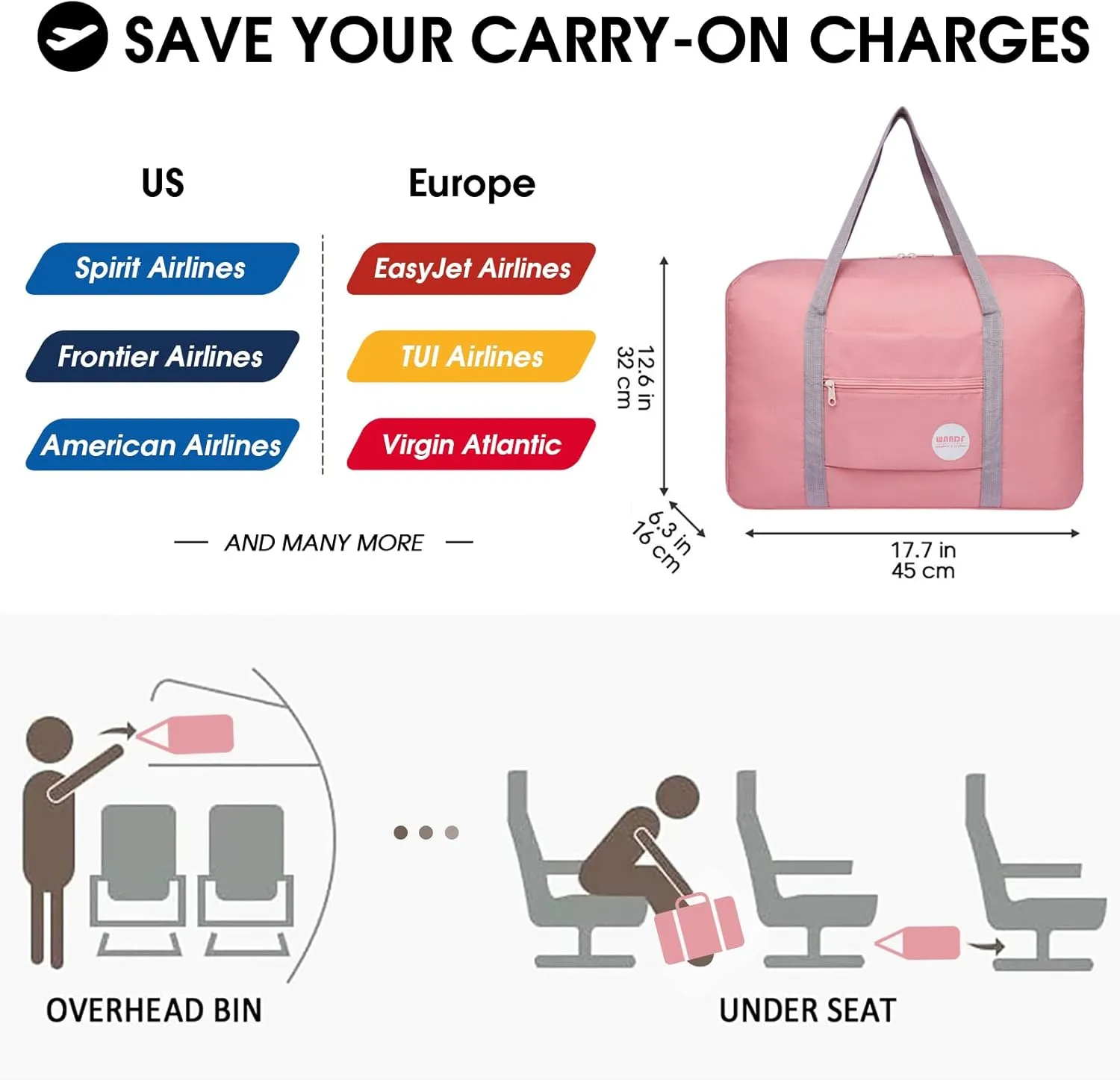 WANDF For Spirit Airlines Personal Item Bag 18x14x8 Travel Duffel Bag Underseat Foldable Carry-on Luggage for Women