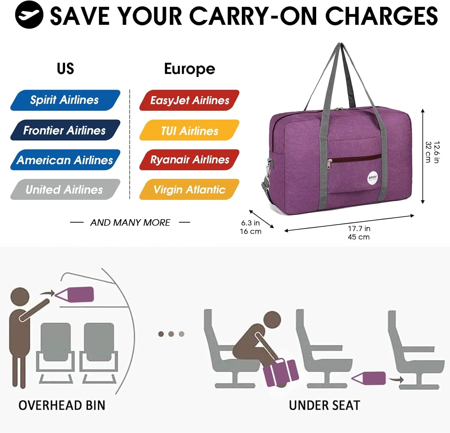WANDF For Spirit Airlines Personal Item Bag 18x14x8 Travel Duffel Bag Underseat Foldable Carry-on Luggage for Women
