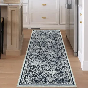 Washable Kitchen Runner Rug, 2x6 Vintage Tiger Rug Botanical Forest Style, Soft Non Slip Hallway Runner, Indoor Modern Animal Print Throw Carpet for Entryway, Laundry, Bathroom, Blue