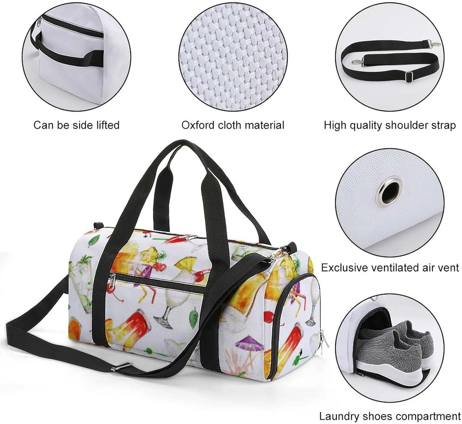 Watercolor Summer Cocktails Fitness Large Gym Bag for Unisex with Shoe Compartment & Wet Pocket