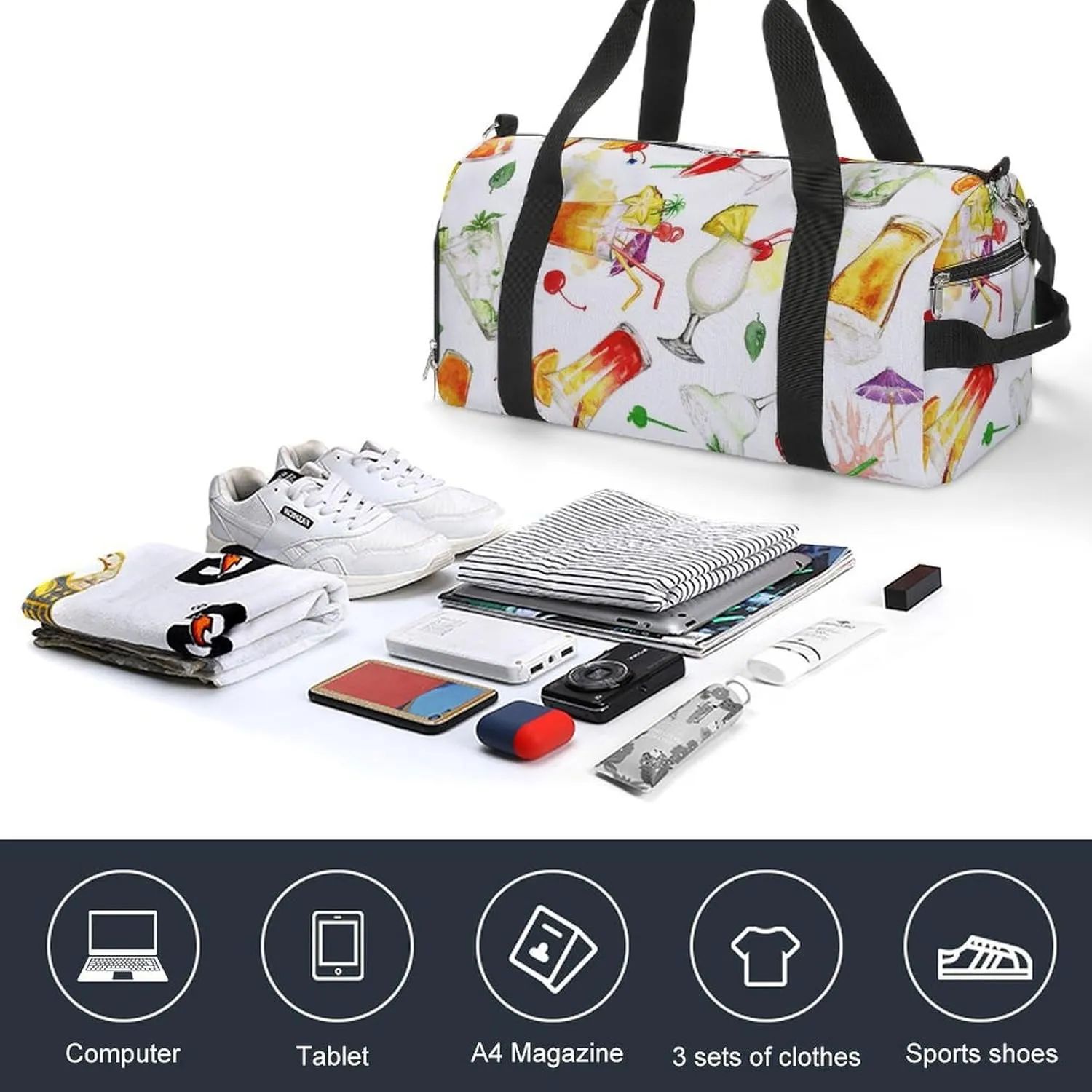 Watercolor Summer Cocktails Fitness Large Gym Bag for Unisex with Shoe Compartment & Wet Pocket