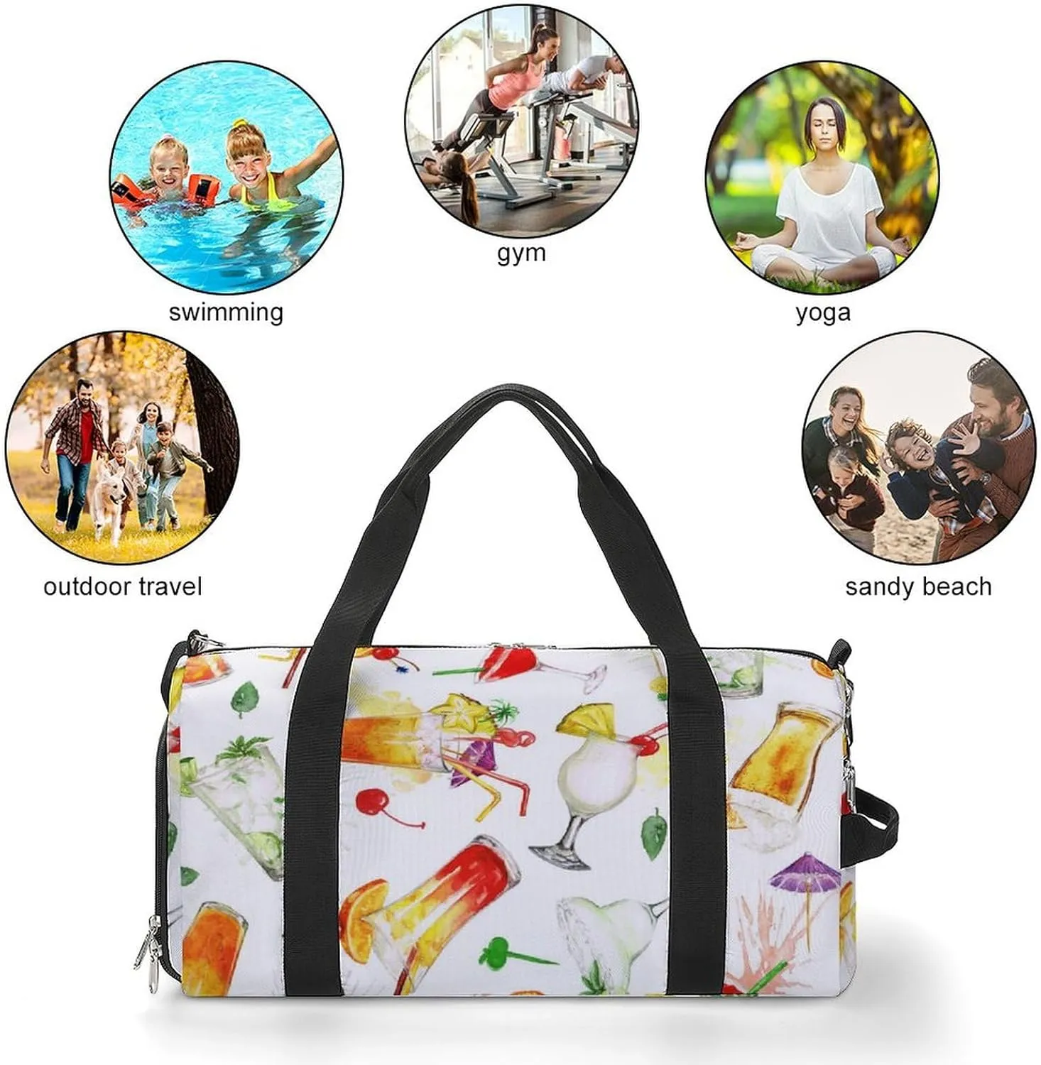 Watercolor Summer Cocktails Fitness Large Gym Bag for Unisex with Shoe Compartment & Wet Pocket