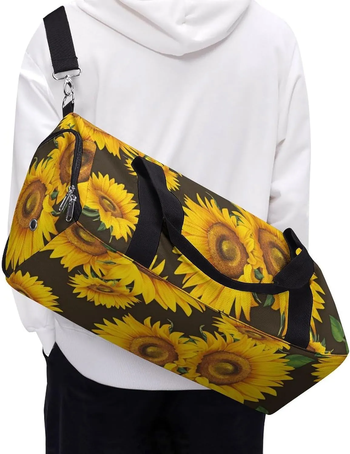 Watercolor Sunflower And Leaf Fitness Large Gym Bag for Unisex with Shoe Compartment & Wet Pocket
