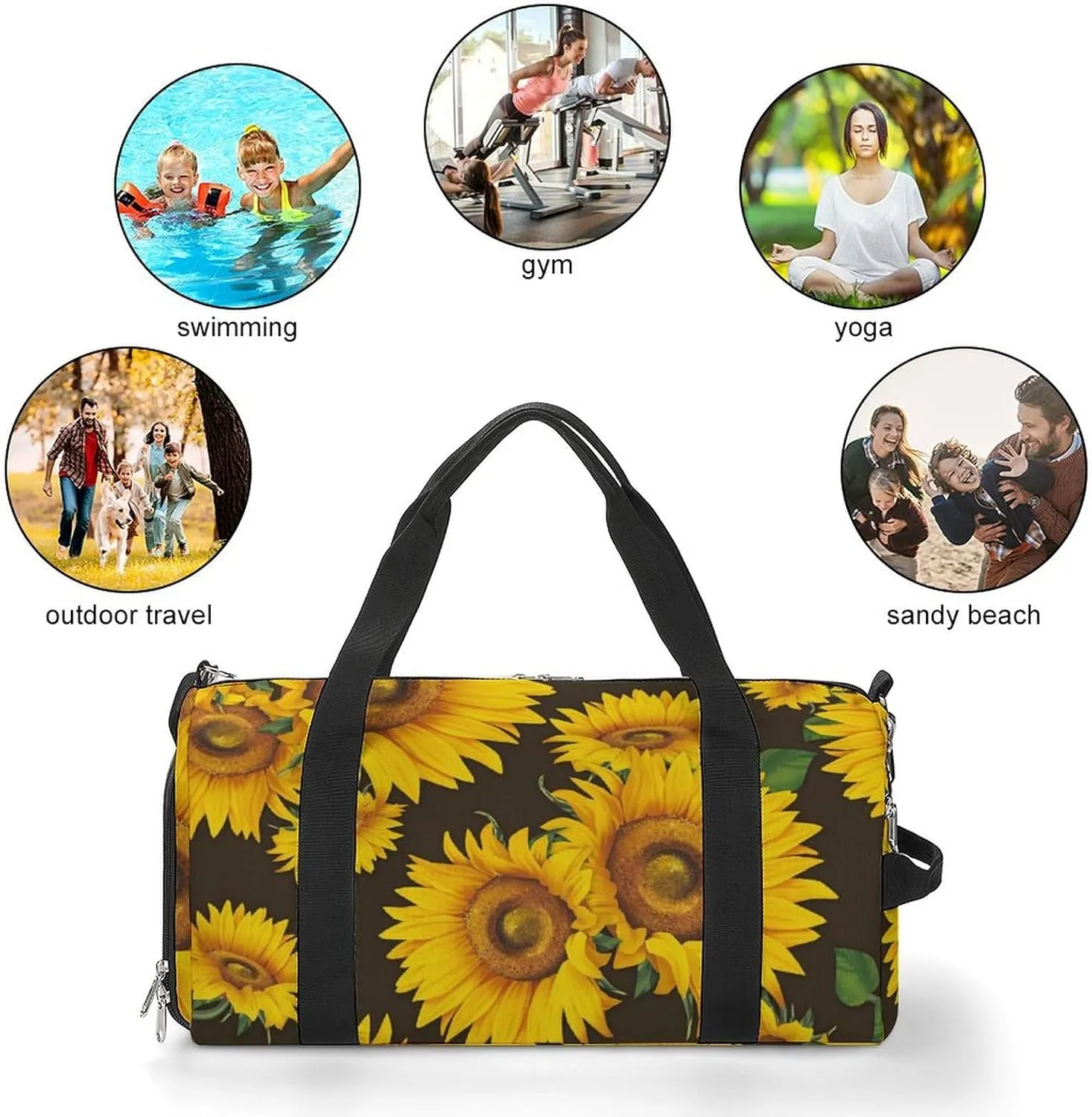 Watercolor Sunflower And Leaf Fitness Large Gym Bag for Unisex with Shoe Compartment & Wet Pocket
