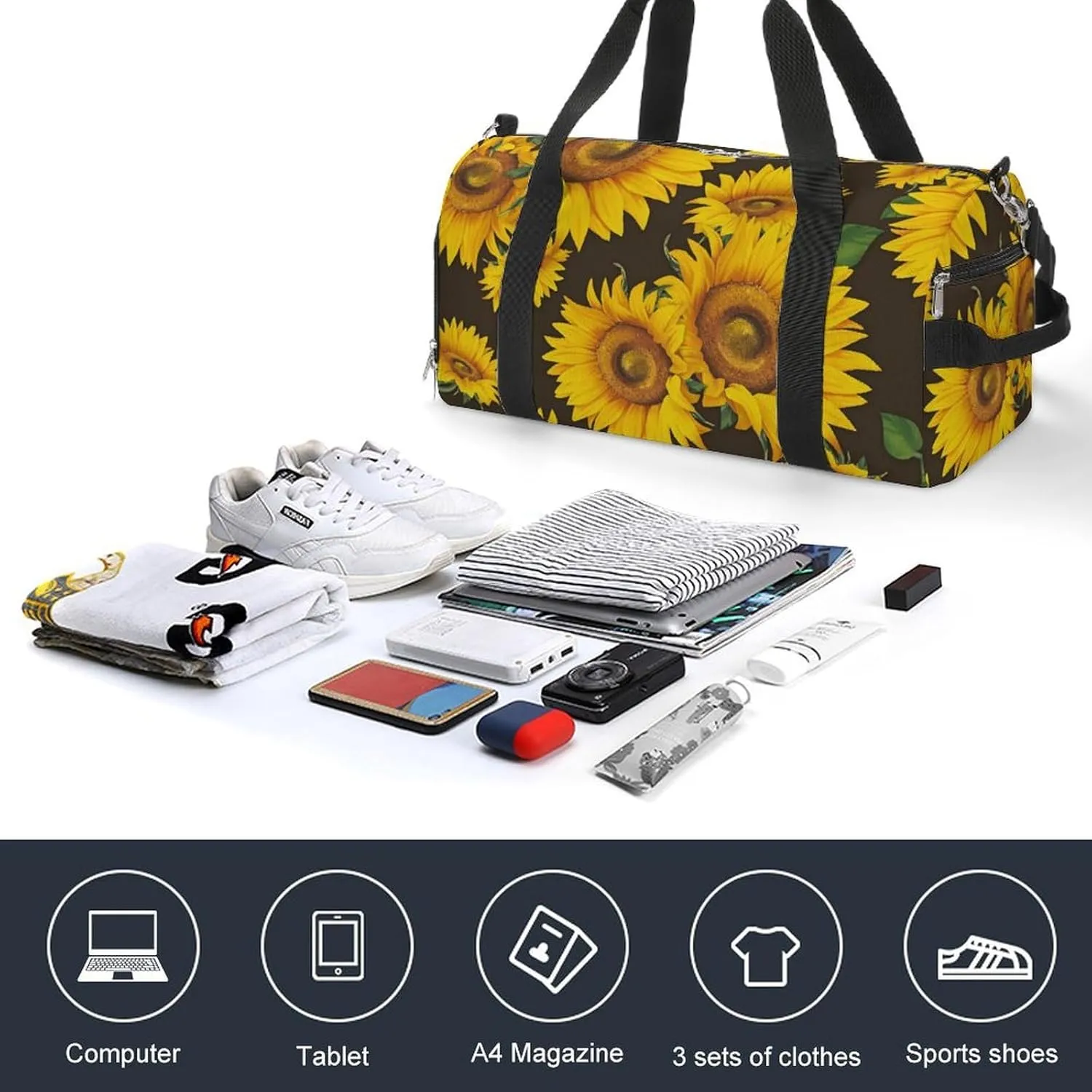 Watercolor Sunflower And Leaf Fitness Large Gym Bag for Unisex with Shoe Compartment & Wet Pocket