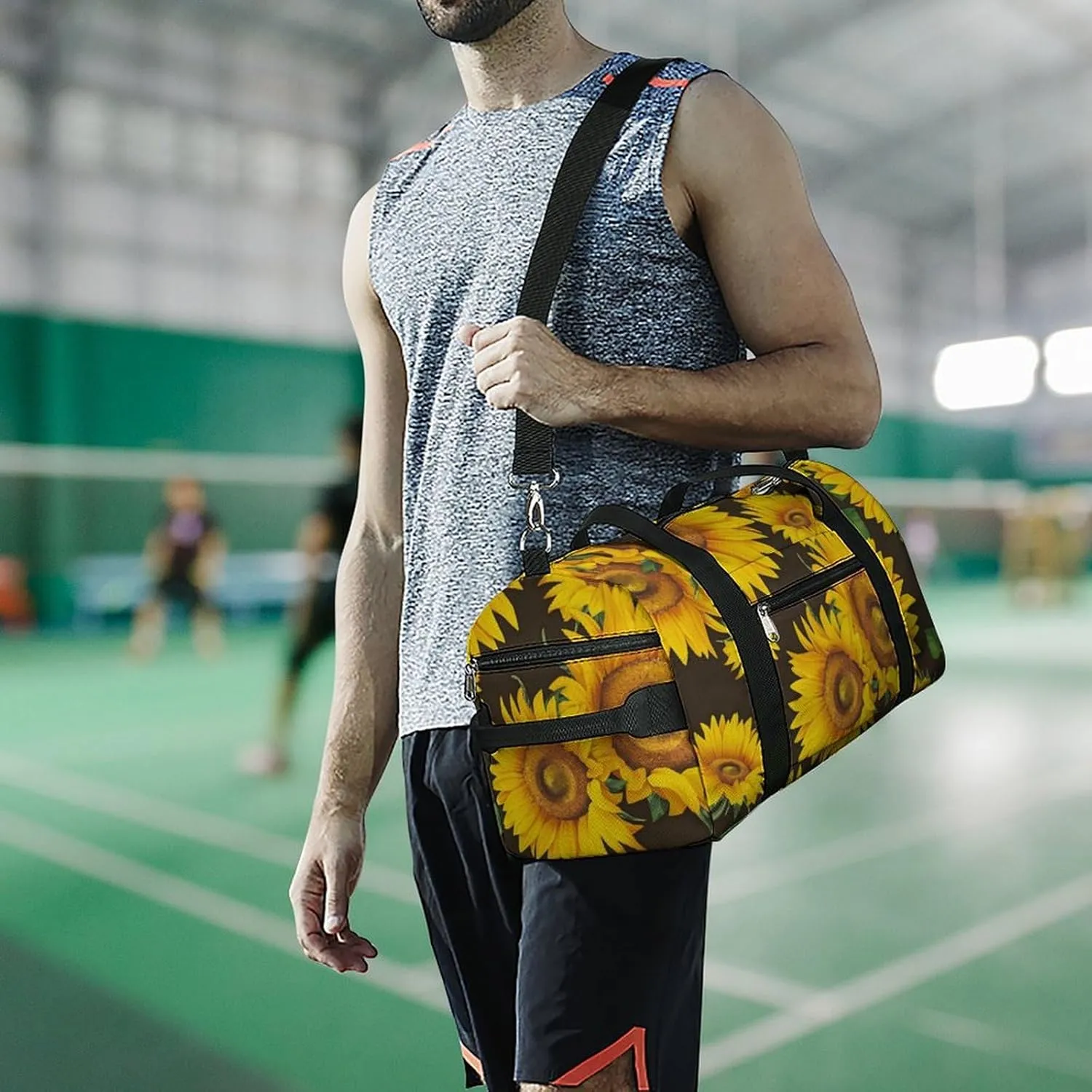 Watercolor Sunflower And Leaf Fitness Large Gym Bag for Unisex with Shoe Compartment & Wet Pocket