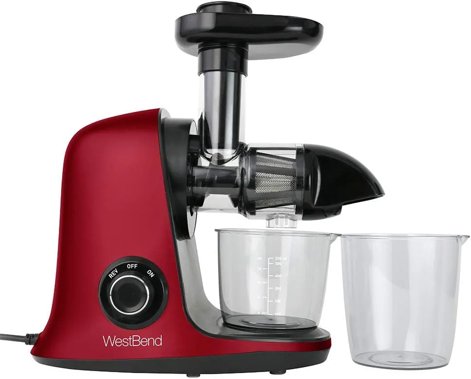 West Bend Juicer Cold Press Masticating Extractor Machine Features Quiet Motor Anti-Clog Reverse Function Nutrient Preserving For Juicing Fruits Vegetables and All Greens, 150-Watts, Red