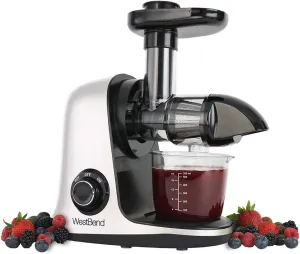 West Bend Juicer Cold Press Masticating Extractor Machine Features Quiet Motor Anti-Clog Reverse Function Nutrient Preserving For Juicing Fruits Vegetables and All Greens, 150-Watts, White