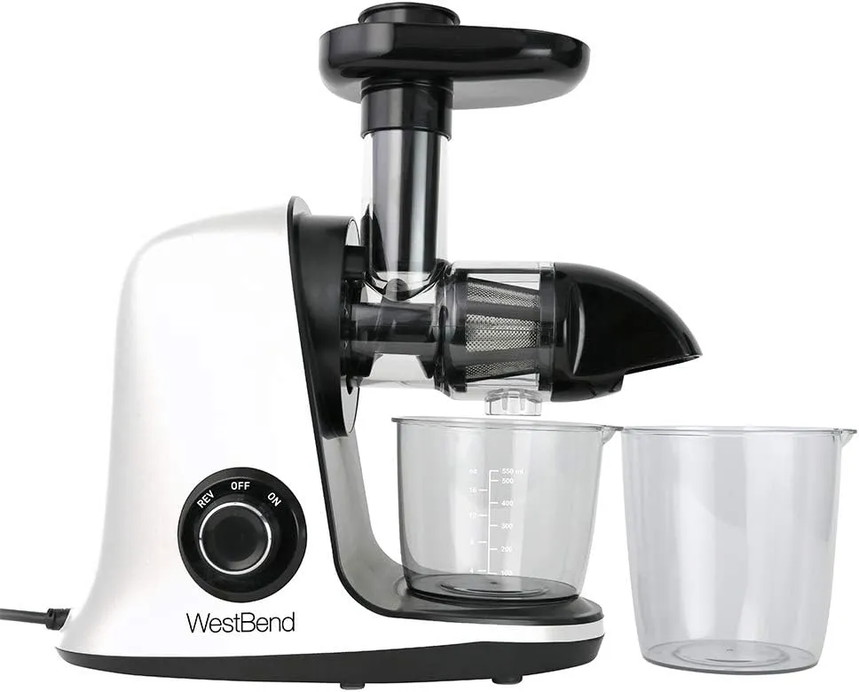 West Bend Juicer Cold Press Masticating Extractor Machine Features Quiet Motor Anti-Clog Reverse Function Nutrient Preserving For Juicing Fruits Vegetables and All Greens, 150-Watts, White