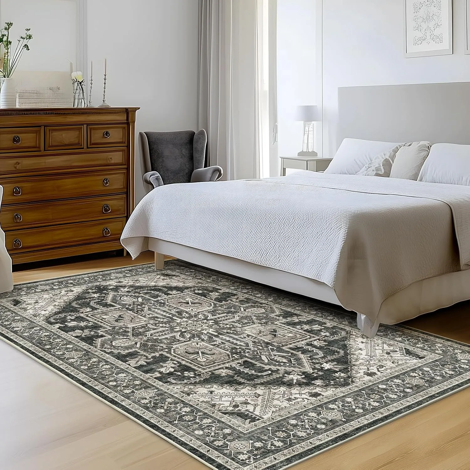 WITSHOCK Area Rug 6x9 Rugs for Living Room Machine Washable Non Slip Stain Backing Rug Soft Foldable, Vintage Rugs Home Office Kitchen Hallway Bedroom, Black