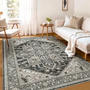 WITSHOCK Area Rug 6x9 Rugs for Living Room Machine Washable Non Slip Stain Backing Rug Soft Foldable, Vintage Rugs Home Office Kitchen Hallway Bedroom, Black