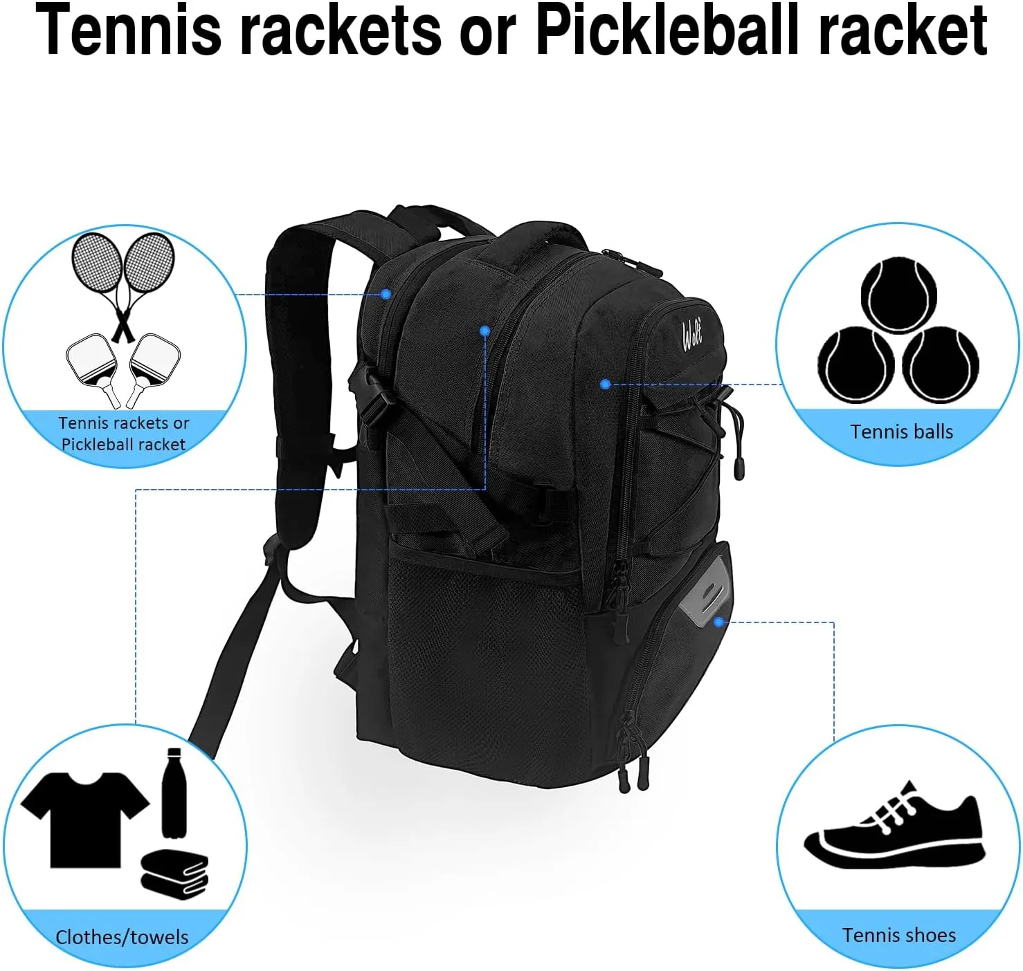WOLT Tennis Bag - Large Tennis Racket Backpack for Men & Women - Ventilated Shoe Compartment - Holds 2 Rackets