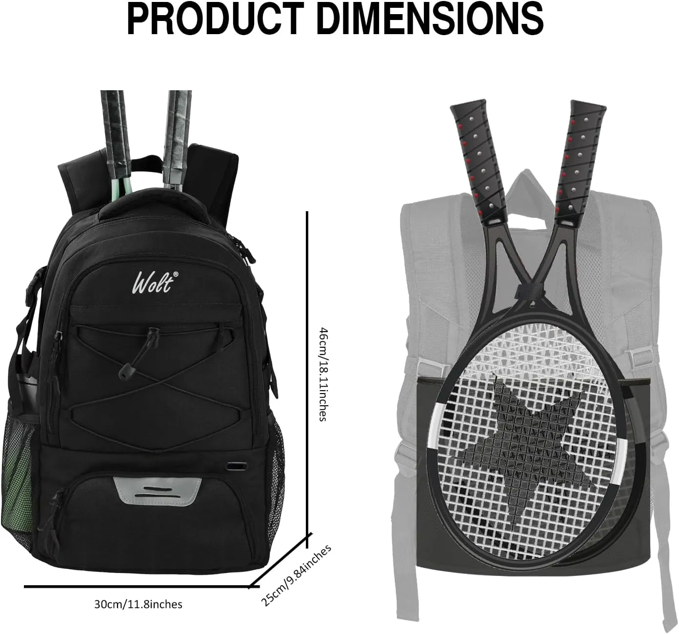 WOLT Tennis Bag - Large Tennis Racket Backpack for Men & Women - Ventilated Shoe Compartment - Holds 2 Rackets