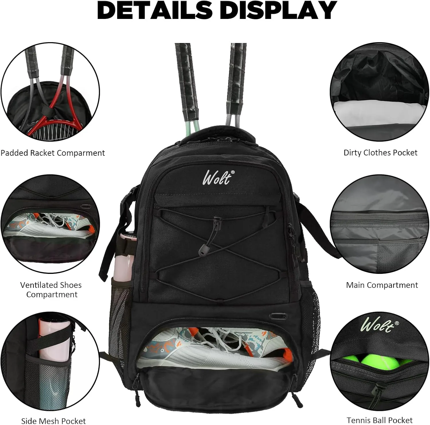 WOLT Tennis Bag - Large Tennis Racket Backpack for Men & Women - Ventilated Shoe Compartment - Holds 2 Rackets