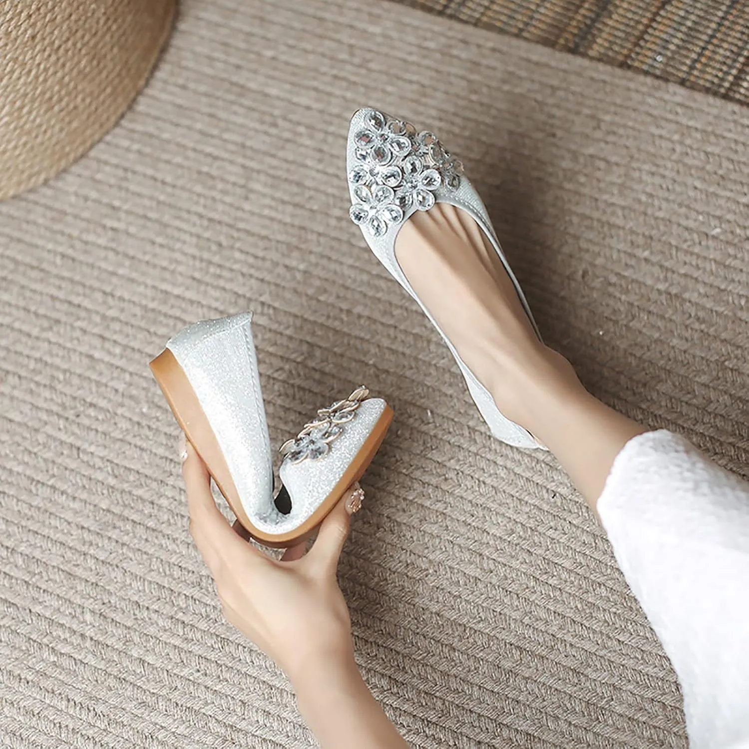 Women Ballet Flats Bling Cute Rhinestone Wedding Ballerina Shoes Foldable Sparkly Comfort Slip on Flat Shoes