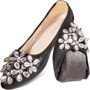 Women Ballet Flats Bling Cute Rhinestone Wedding Ballerina Shoes Foldable Sparkly Comfort Slip on Flat Shoes