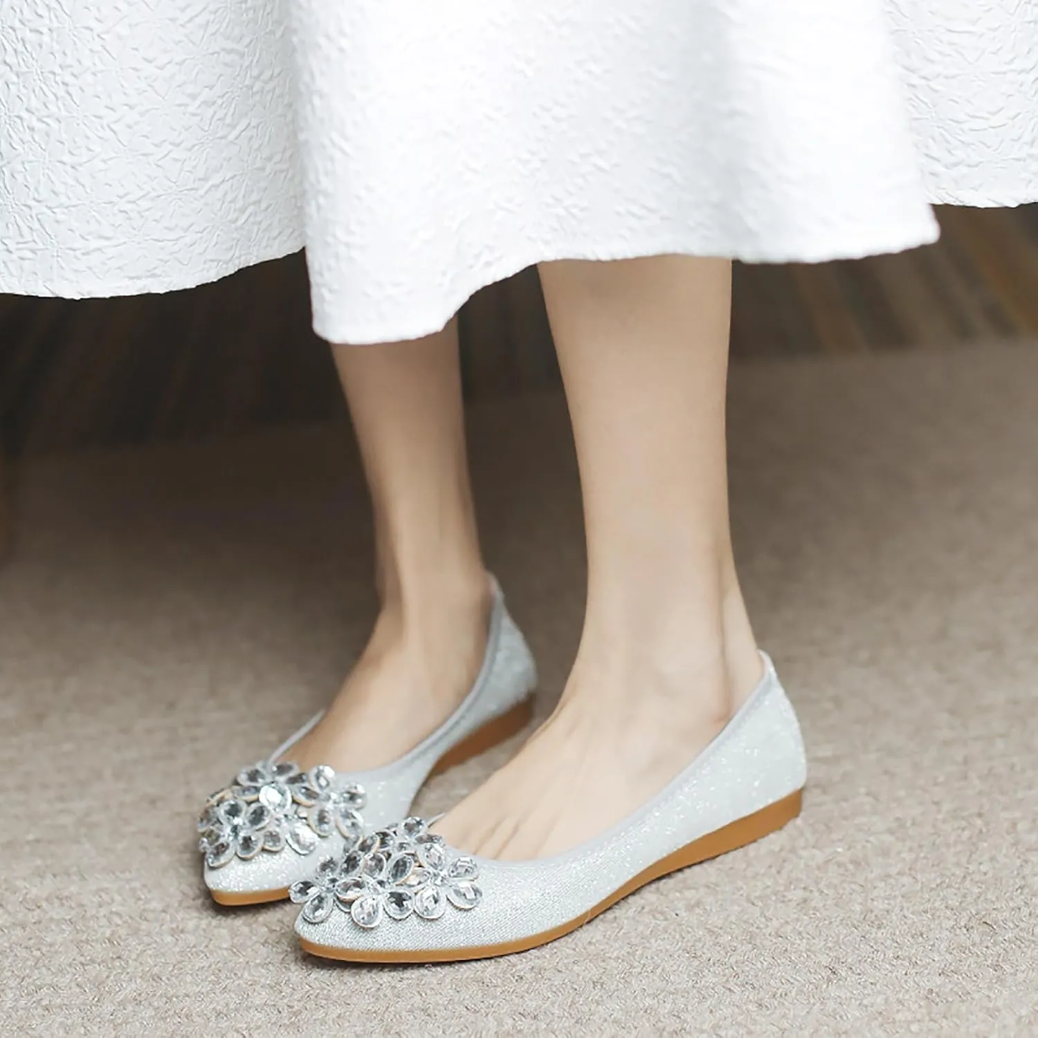 Women Ballet Flats Bling Cute Rhinestone Wedding Ballerina Shoes Foldable Sparkly Comfort Slip on Flat Shoes