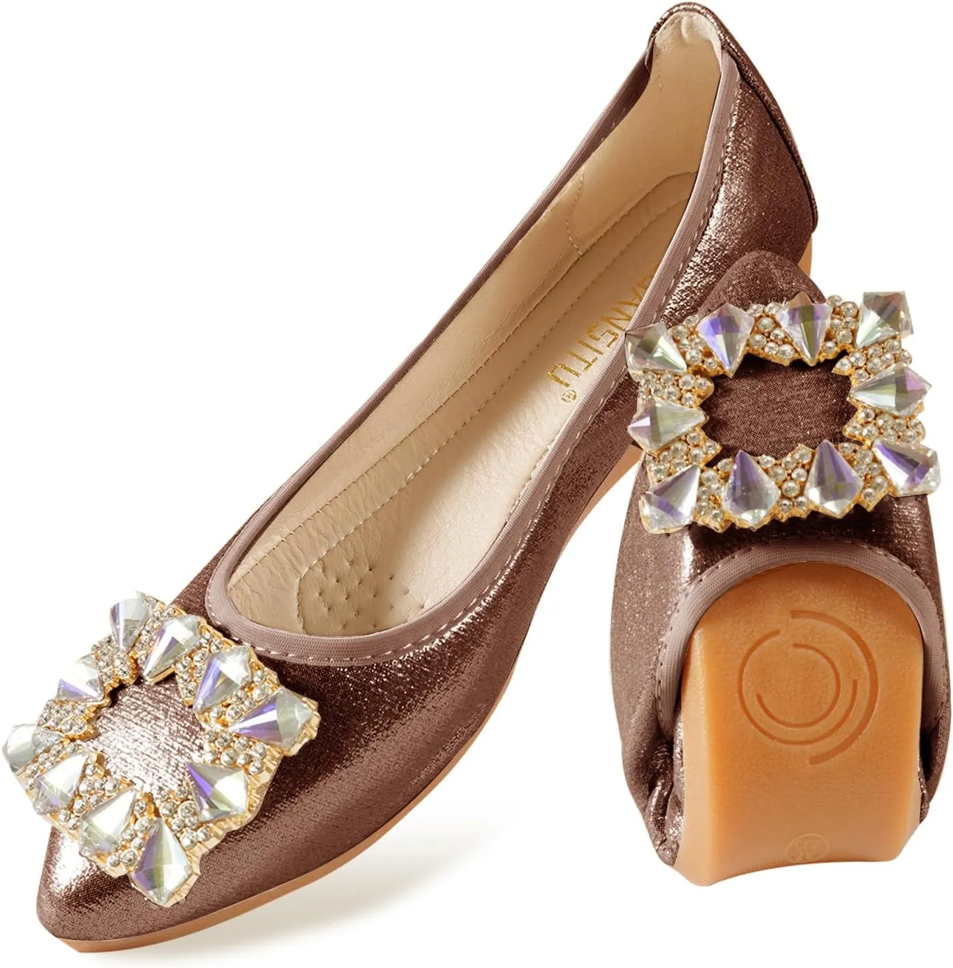 Women Ballet Flats Buckle Rhinestone Wedding Ballerina Shoes Foldable Sparkly Comfort Slip on Flat Shoes