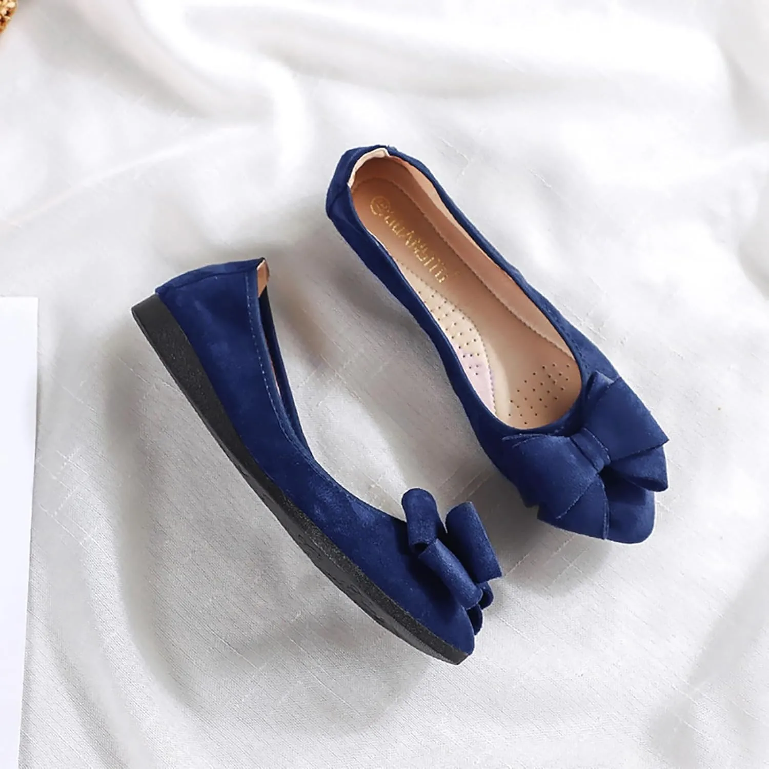 Women Ballet Flats Fashion Bowknot Suede Comfort Pointed Toe Slip On Dress Shoes