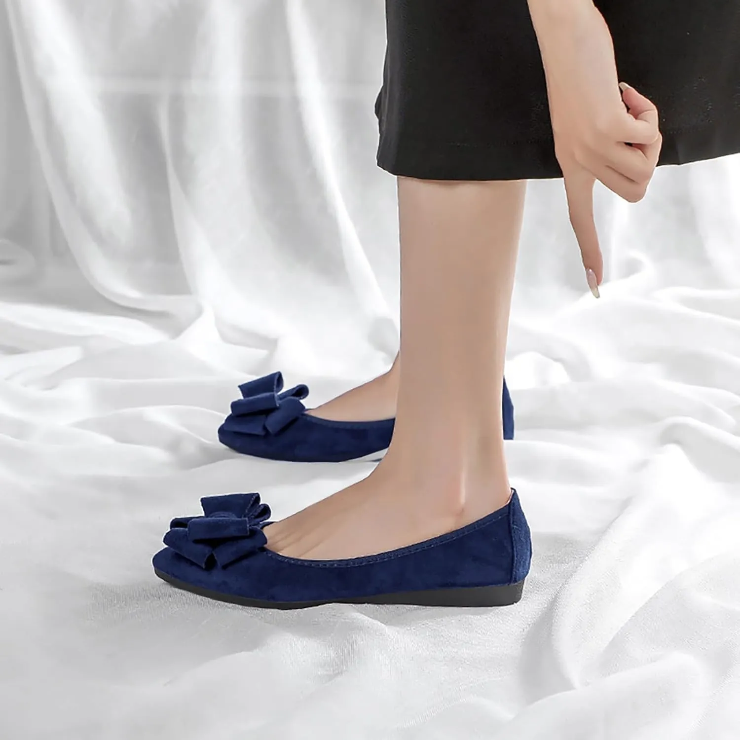 Women Ballet Flats Fashion Bowknot Suede Comfort Pointed Toe Slip On Dress Shoes
